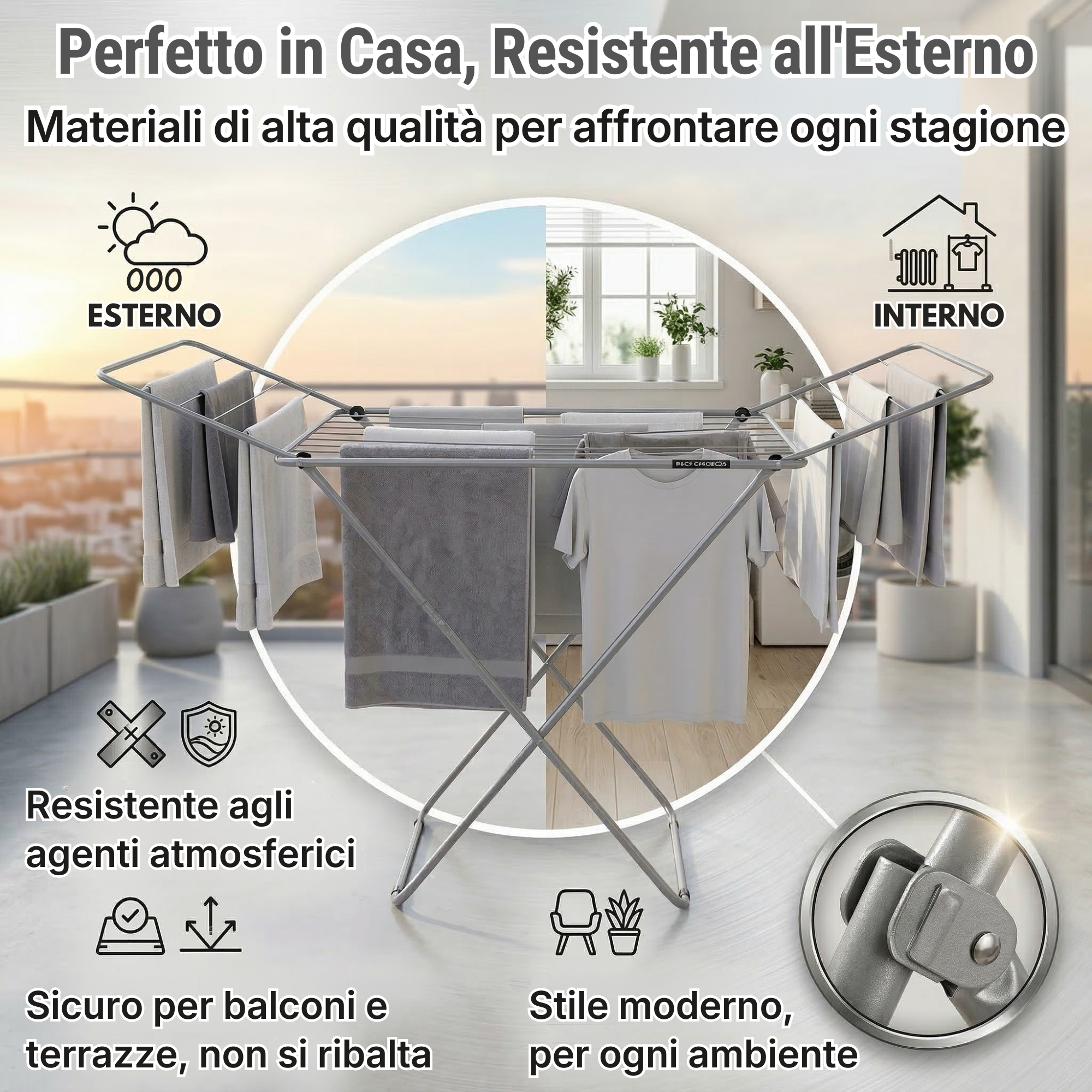 Stendino da Balcone in Metallo (L. 18 Metri) Stendibiancheria da Balcone per Esterno e Interno, Stendi Biancheria Salvaspazio Pieghevole Richiudibile