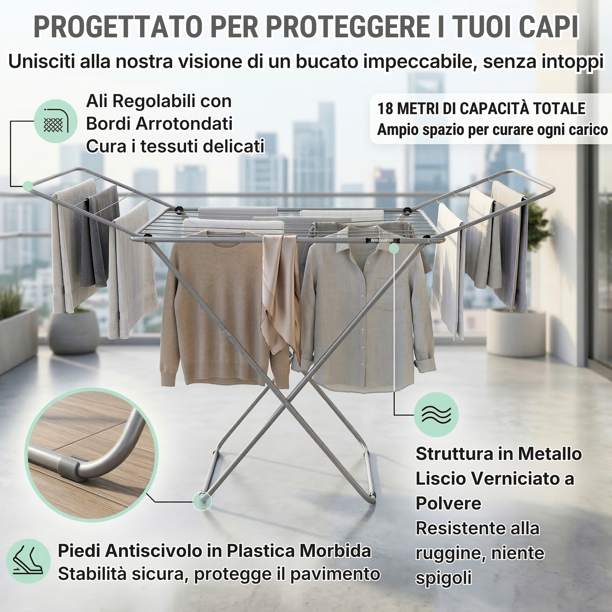 Stendino da Balcone in Metallo (L. 18 Metri) Stendibiancheria da Balcone per Esterno e Interno, Stendi Biancheria Salvaspazio Pieghevole Richiudibile