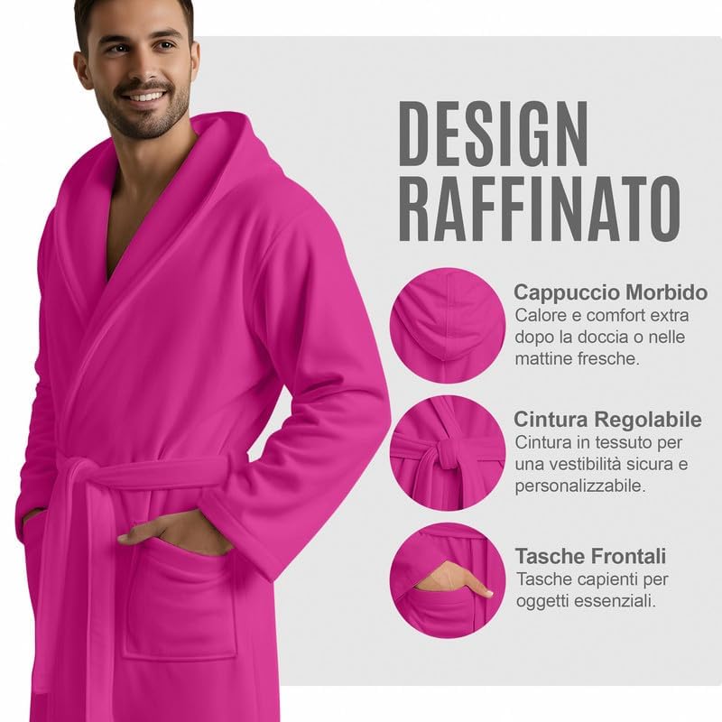 Accappatoio UNISEX Microfibra con Tasche Cappuccio e Cintura, Ideale per Casa, Viaggio, Palestra, Tessuto Morbido e Comodo, da S a XXL