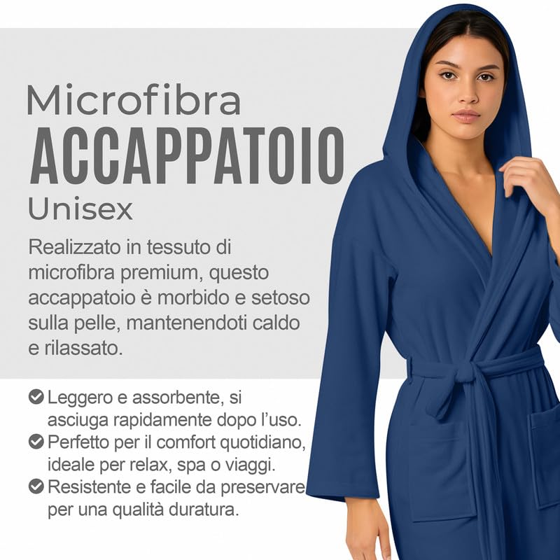 Accappatoio UNISEX Microfibra con Tasche Cappuccio e Cintura, Ideale per Casa, Viaggio, Palestra, Tessuto Morbido e Comodo, da S a XXL