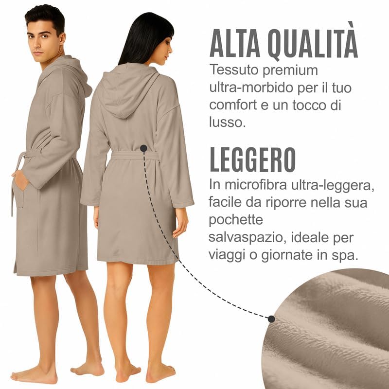 Accappatoio UNISEX Microfibra con Tasche Cappuccio e Cintura, Ideale per Casa, Viaggio, Palestra, Tessuto Morbido e Comodo, da S a XXL