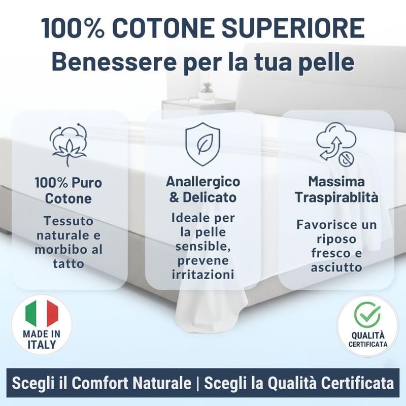 Lenzuolo con Angoli Traspirante ed Anallergico, Biancheria da Letto Made in Italy - 3 TAGLIE