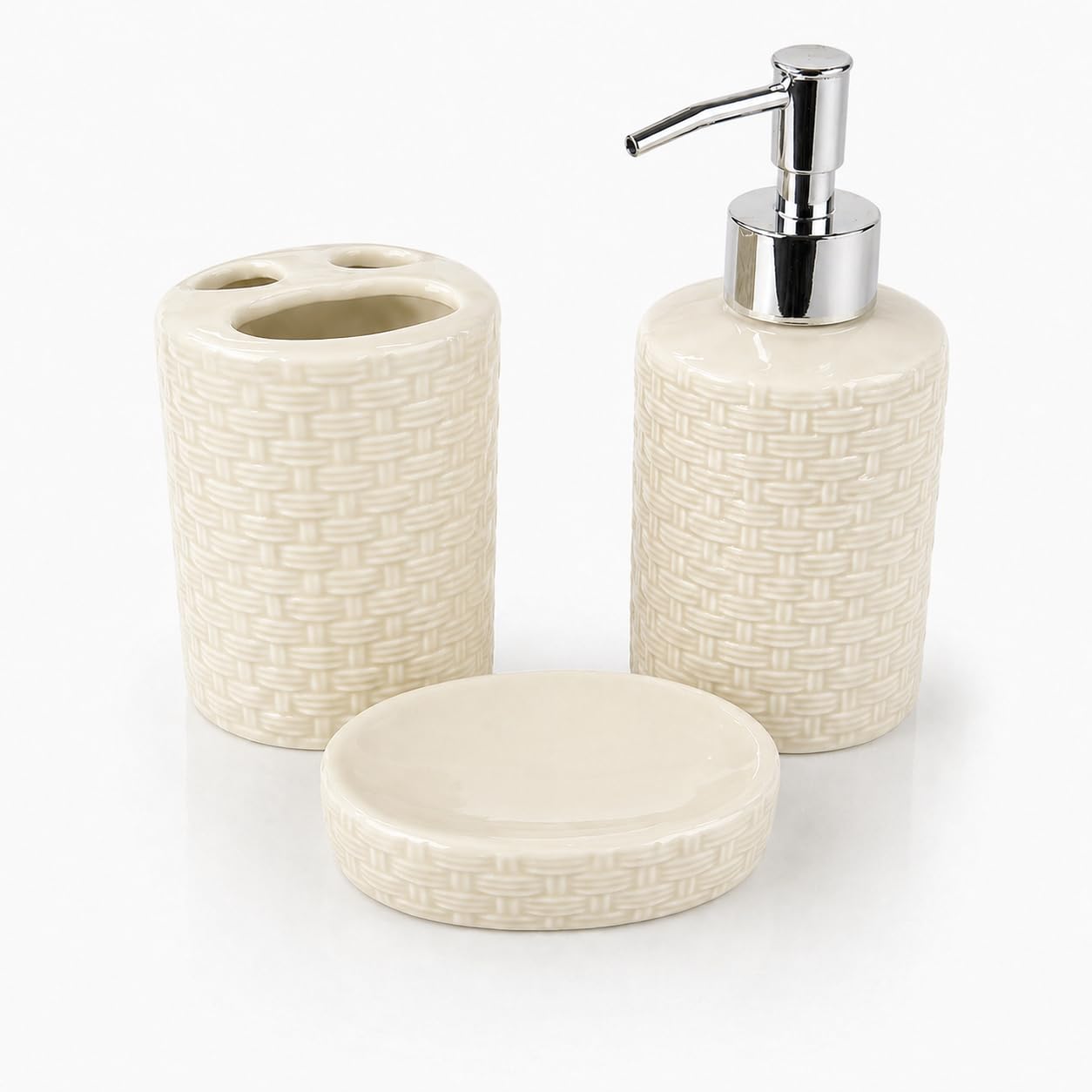 Set Bagno Accessori Completo 3 Pezzi in Ceramica, Set Bagno Porta Sapone e Spazzolini con Portasaponetta un Kit Completo Funzionale e Decorativo
