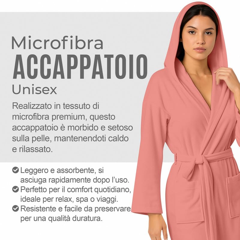 Accappatoio UNISEX Microfibra con Tasche Cappuccio e Cintura, Ideale per Casa, Viaggio, Palestra, Tessuto Morbido e Comodo, da S a XXL