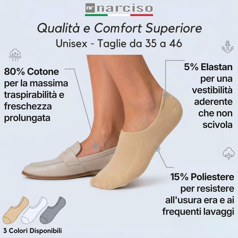 Calzini Fantasmini Unisex, Invisibili, in Cotone Traspirante, Salvapiede per Mocassini e Scarpe Basse