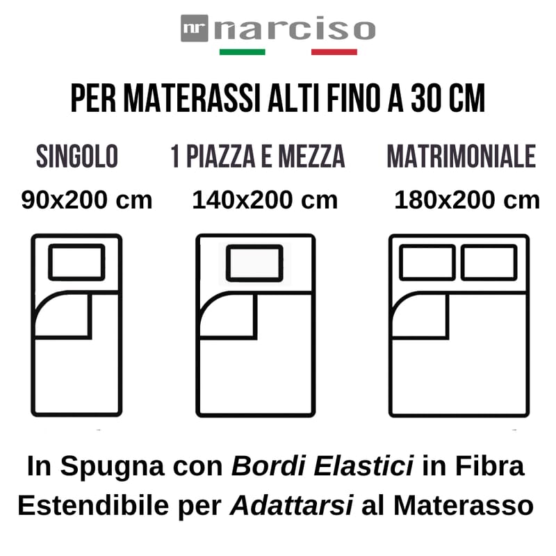 Coprimaterasso Impermeabile in Spugna con Bordi in Fibra Estendibile per Adattarsi al Materasso, Per Materassi Alti fino a 30 cm, Certificato OEKO-TEX STANDARD 100 - DISPONIBILE IN TUTTE LE TAGLIE