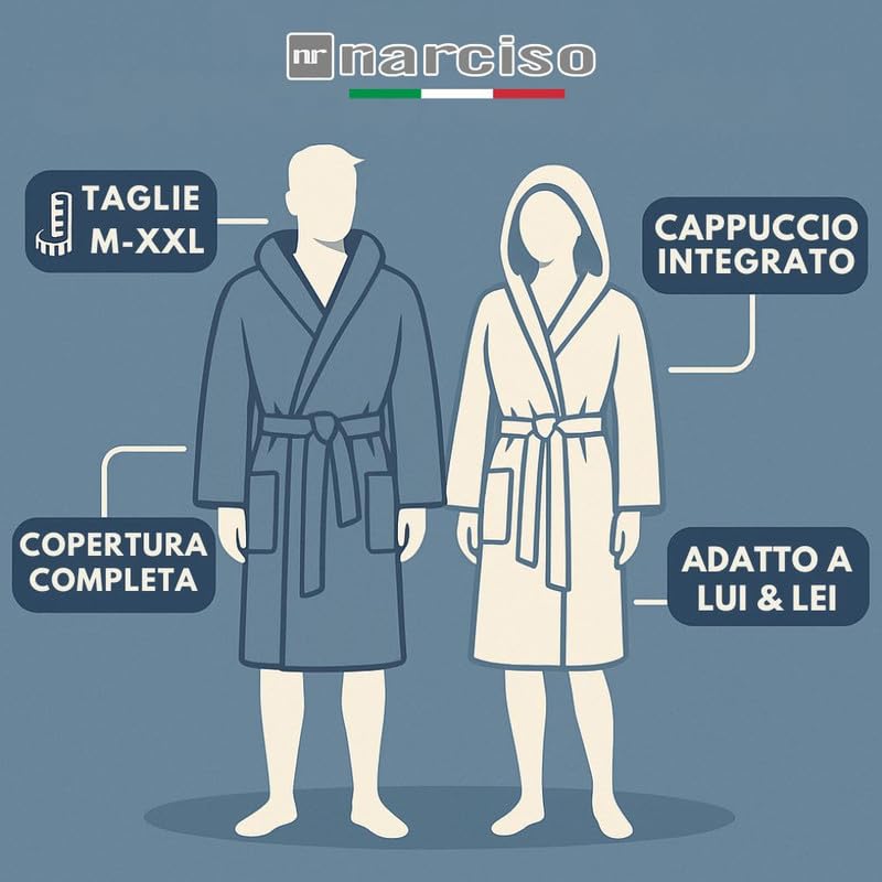 Accappatoio UNISEX Spugna con Cappuccio, Cotone Supreme Quality, Alto Potere Asciugante per Piscina, Palestra, Casa, Ospiti