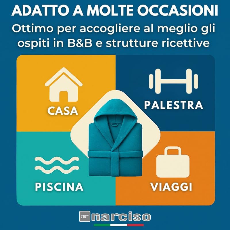 Accappatoio UNISEX Spugna con Cappuccio, Cotone Supreme Quality, Alto Potere Asciugante per Piscina, Palestra, Casa, Ospiti