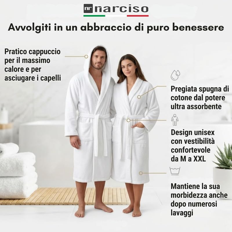 Accappatoio UNISEX con Cappuccio in Spugna Morbida di Cotone, Alto Potere Asciugante