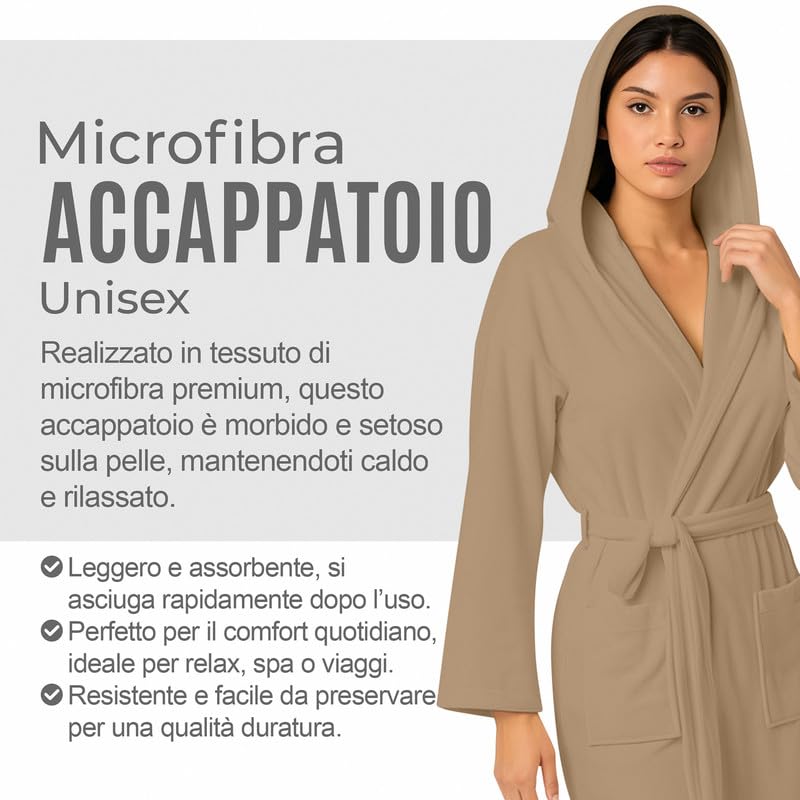Accappatoio UNISEX Microfibra con Tasche Cappuccio e Cintura, Ideale per Casa, Viaggio, Palestra, Tessuto Morbido e Comodo, da S a XXL