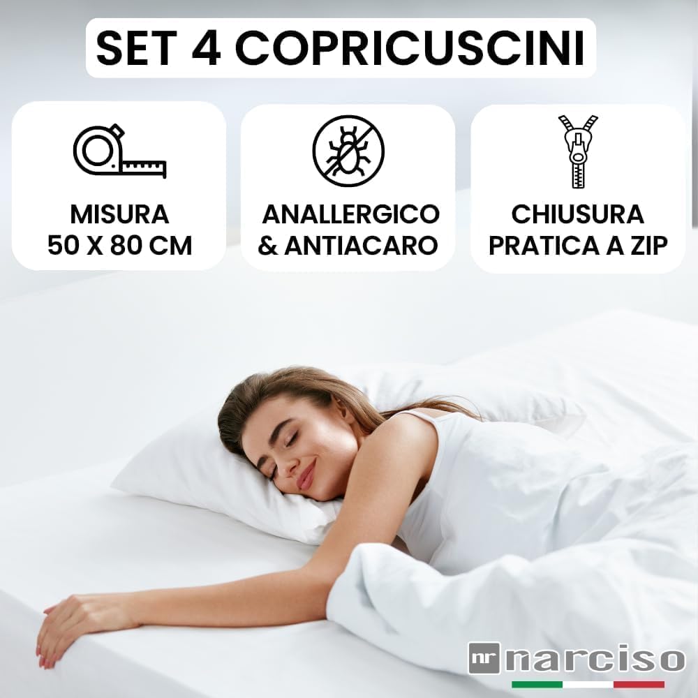 Set Copricuscini Letto con Zip, Copricuscino 50x80 in Aloe 4 Stagioni, Tessuto Anallergico, Antiacaro, Igienico, Traspirante e Perfetto per Tutte Le Stagioni