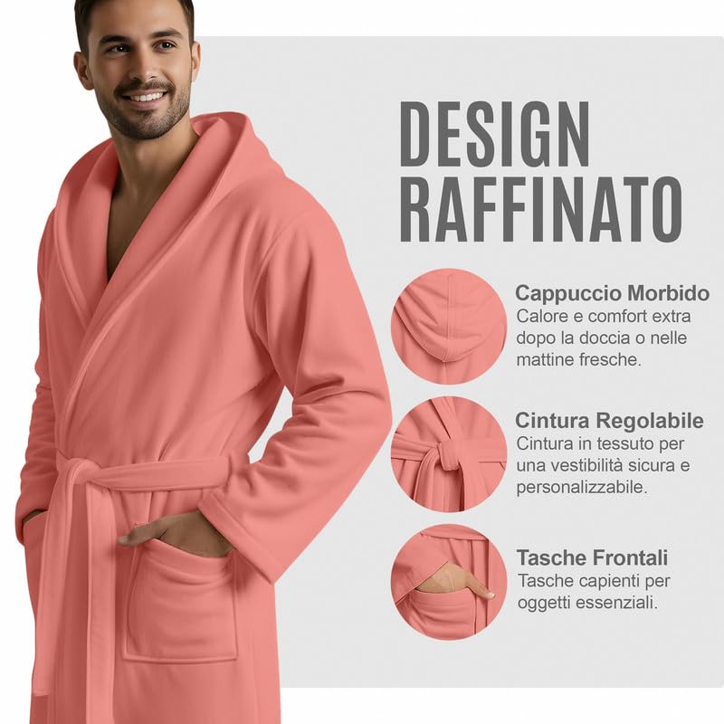 Accappatoio UNISEX Microfibra con Tasche Cappuccio e Cintura, Ideale per Casa, Viaggio, Palestra, Tessuto Morbido e Comodo, da S a XXL