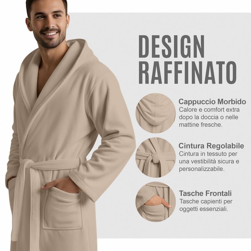 Accappatoio UNISEX Microfibra con Tasche Cappuccio e Cintura, Ideale per Casa, Viaggio, Palestra, Tessuto Morbido e Comodo, da S a XXL