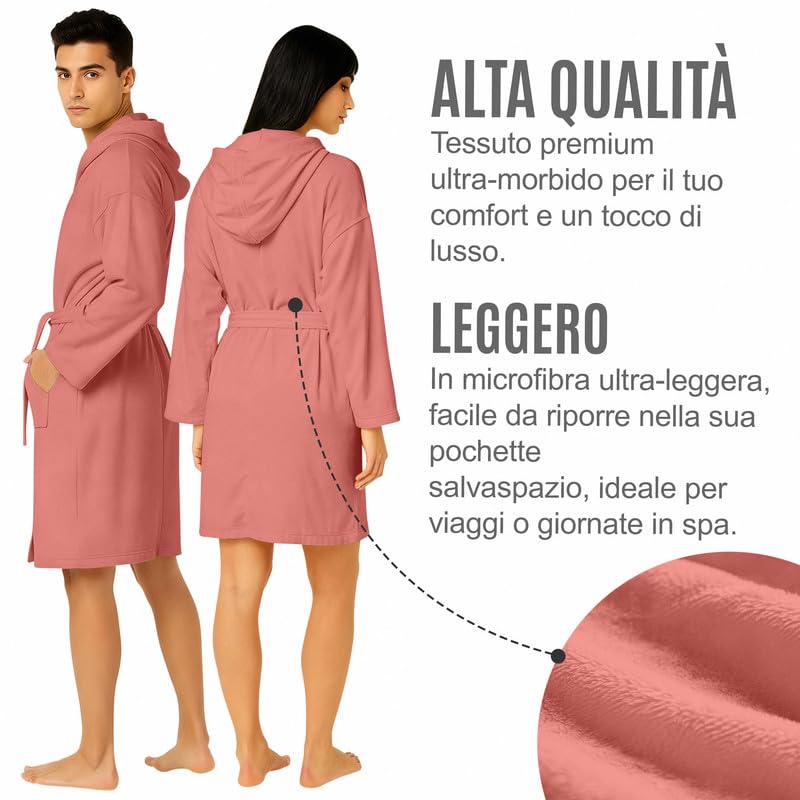 Accappatoio UNISEX Microfibra con Tasche Cappuccio e Cintura, Ideale per Casa, Viaggio, Palestra, Tessuto Morbido e Comodo, da S a XXL