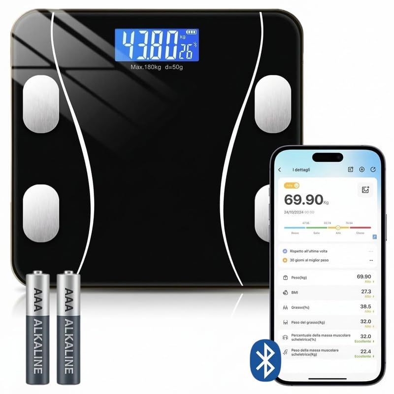 Bilancia Smart con App Multifunzione per Misurare e Registrare l’Andamento del Peso ed Altri Indici Corporei, Bilancia Intelligente con Analisi Corporea Digitale (Fino a 180KG)