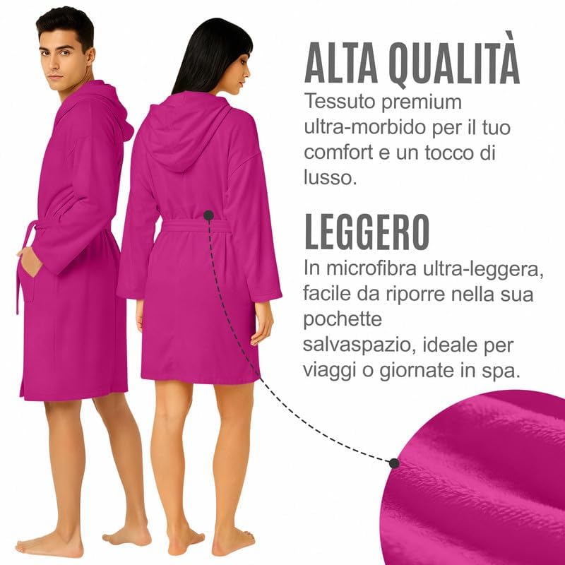 Accappatoio UNISEX Microfibra con Tasche Cappuccio e Cintura, Ideale per Casa, Viaggio, Palestra, Tessuto Morbido e Comodo, da S a XXL