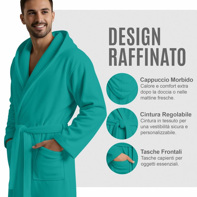 Accappatoio UNISEX Microfibra con Tasche Cappuccio e Cintura, Ideale per Casa, Viaggio, Palestra, Tessuto Morbido e Comodo, da S a XXL