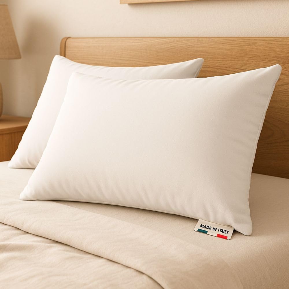 Cuscini Letto Morbidi e Bassi, Made in Italy con Fodera Bianca in Microfibra, Guanciale Letto Antiacaro e Anallergico, Cuscini per Dormire con Imbottitura in Fibra di Poliestere