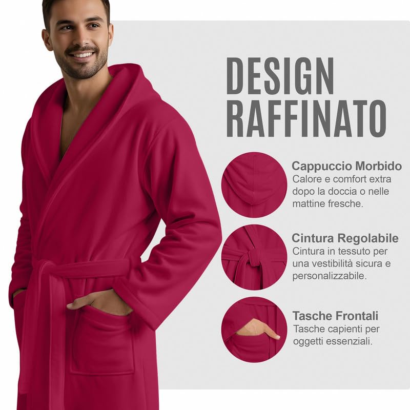 Accappatoio UNISEX Microfibra con Tasche Cappuccio e Cintura, Ideale per Casa, Viaggio, Palestra, Tessuto Morbido e Comodo, da S a XXL