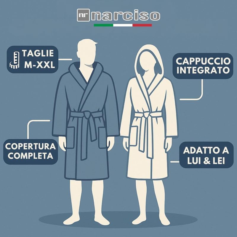 Accappatoio UNISEX Spugna con Cappuccio, Cotone Supreme Quality, Alto Potere Asciugante per Piscina, Palestra, Casa, Ospiti