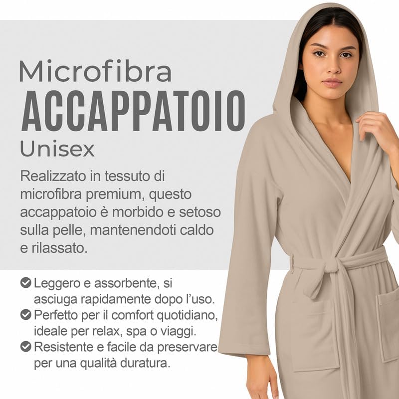 Accappatoio UNISEX Microfibra con Tasche Cappuccio e Cintura, Ideale per Casa, Viaggio, Palestra, Tessuto Morbido e Comodo, da S a XXL