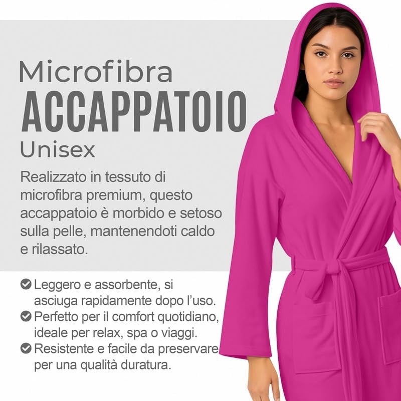 Accappatoio UNISEX Microfibra con Tasche Cappuccio e Cintura, Ideale per Casa, Viaggio, Palestra, Tessuto Morbido e Comodo, da S a XXL