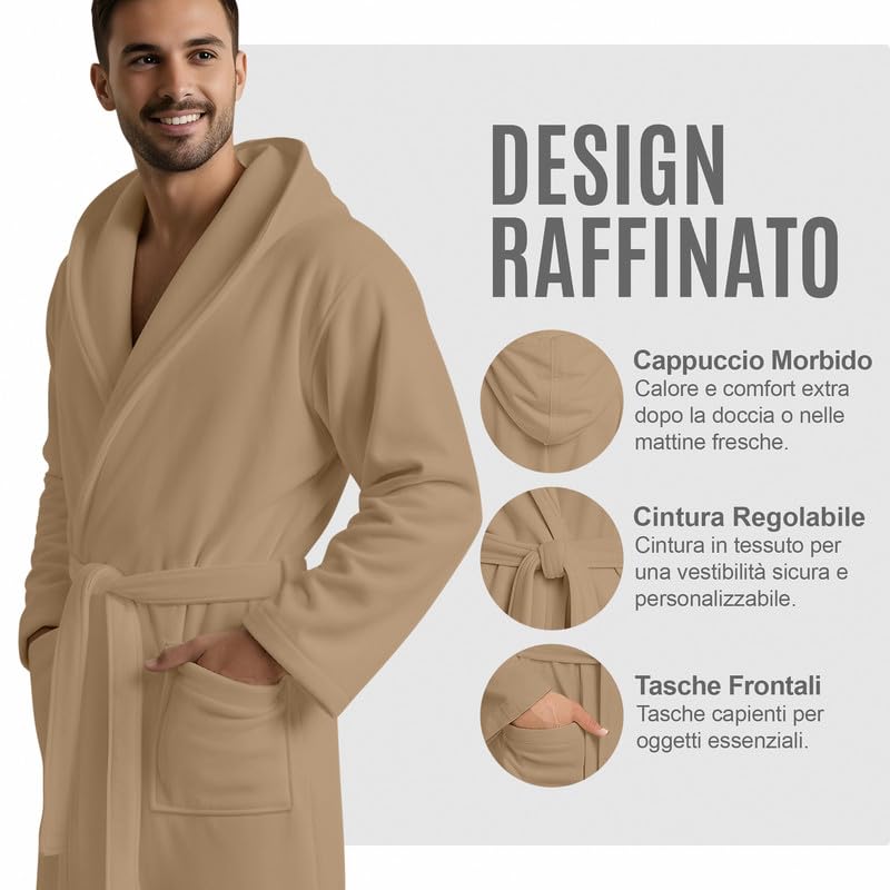 Accappatoio UNISEX Microfibra con Tasche Cappuccio e Cintura, Ideale per Casa, Viaggio, Palestra, Tessuto Morbido e Comodo, da S a XXL