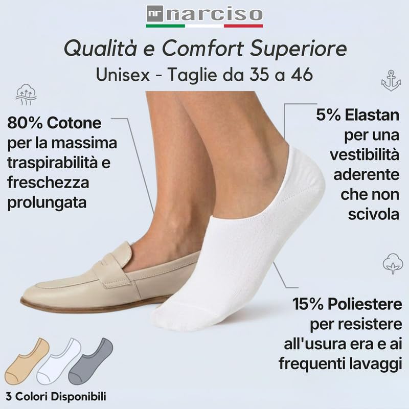 Calzini Fantasmini Unisex, Invisibili, in Cotone Traspirante, Salvapiede per Mocassini e Scarpe Basse