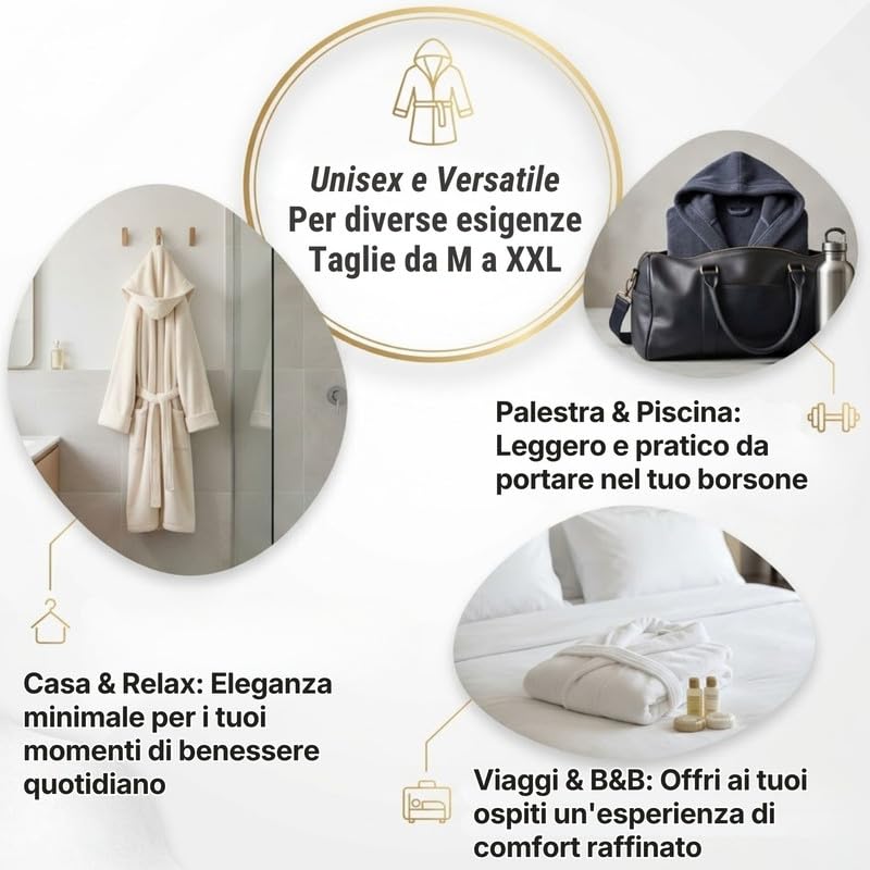 Accappatoio UNISEX con Cappuccio in Spugna Morbida di Cotone, Alto Potere Asciugante