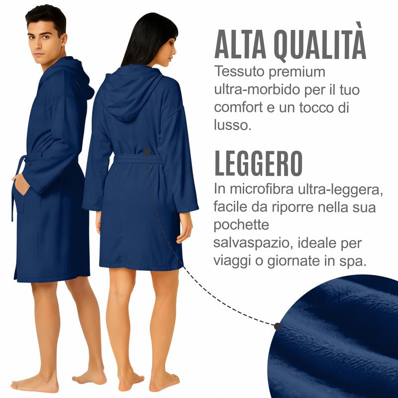 Accappatoio UNISEX Microfibra con Tasche Cappuccio e Cintura, Ideale per Casa, Viaggio, Palestra, Tessuto Morbido e Comodo, da S a XXL