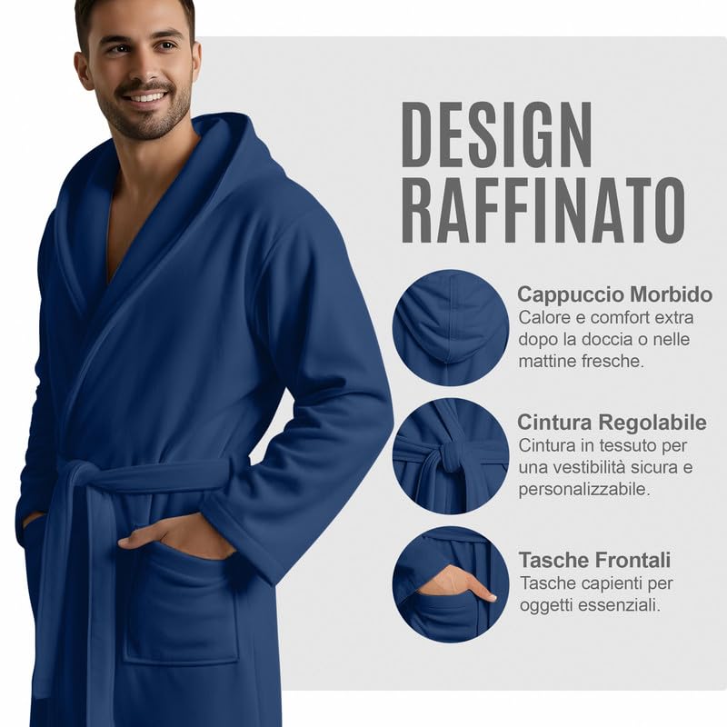 Accappatoio UNISEX Microfibra con Tasche Cappuccio e Cintura, Ideale per Casa, Viaggio, Palestra, Tessuto Morbido e Comodo, da S a XXL