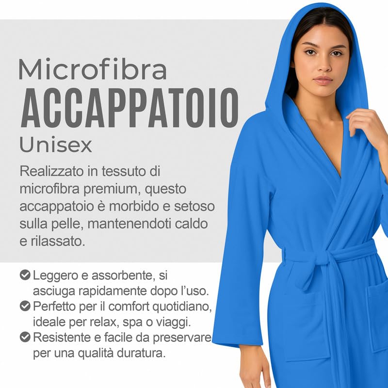 Accappatoio UNISEX Microfibra con Tasche Cappuccio e Cintura, Ideale per Casa, Viaggio, Palestra, Tessuto Morbido e Comodo, da S a XXL
