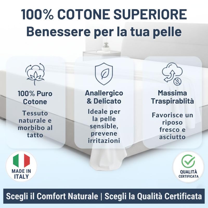 Lenzuolo con Angoli Traspirante ed Anallergico, Biancheria da Letto Made in Italy - 3 TAGLIE