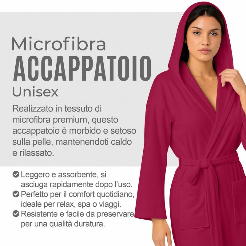 Accappatoio UNISEX Microfibra con Tasche Cappuccio e Cintura, Ideale per Casa, Viaggio, Palestra, Tessuto Morbido e Comodo, da S a XXL
