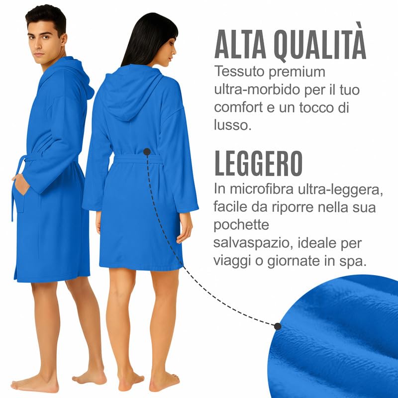 Accappatoio UNISEX Microfibra con Tasche Cappuccio e Cintura, Ideale per Casa, Viaggio, Palestra, Tessuto Morbido e Comodo, da S a XXL
