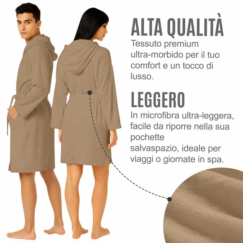 Accappatoio UNISEX Microfibra con Tasche Cappuccio e Cintura, Ideale per Casa, Viaggio, Palestra, Tessuto Morbido e Comodo, da S a XXL