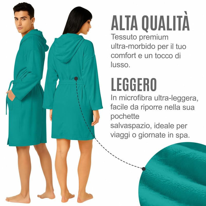 Accappatoio UNISEX Microfibra con Tasche Cappuccio e Cintura, Ideale per Casa, Viaggio, Palestra, Tessuto Morbido e Comodo, da S a XXL