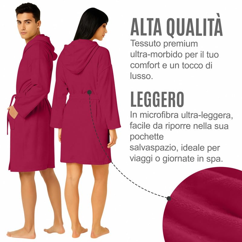 Accappatoio UNISEX Microfibra con Tasche Cappuccio e Cintura, Ideale per Casa, Viaggio, Palestra, Tessuto Morbido e Comodo, da S a XXL