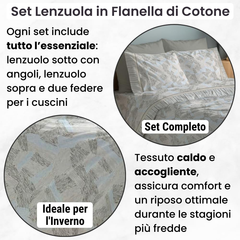 NARCISO Lenzuola di Flanella Made in Italy, Completo Lenzuola di Flanella in Cotone