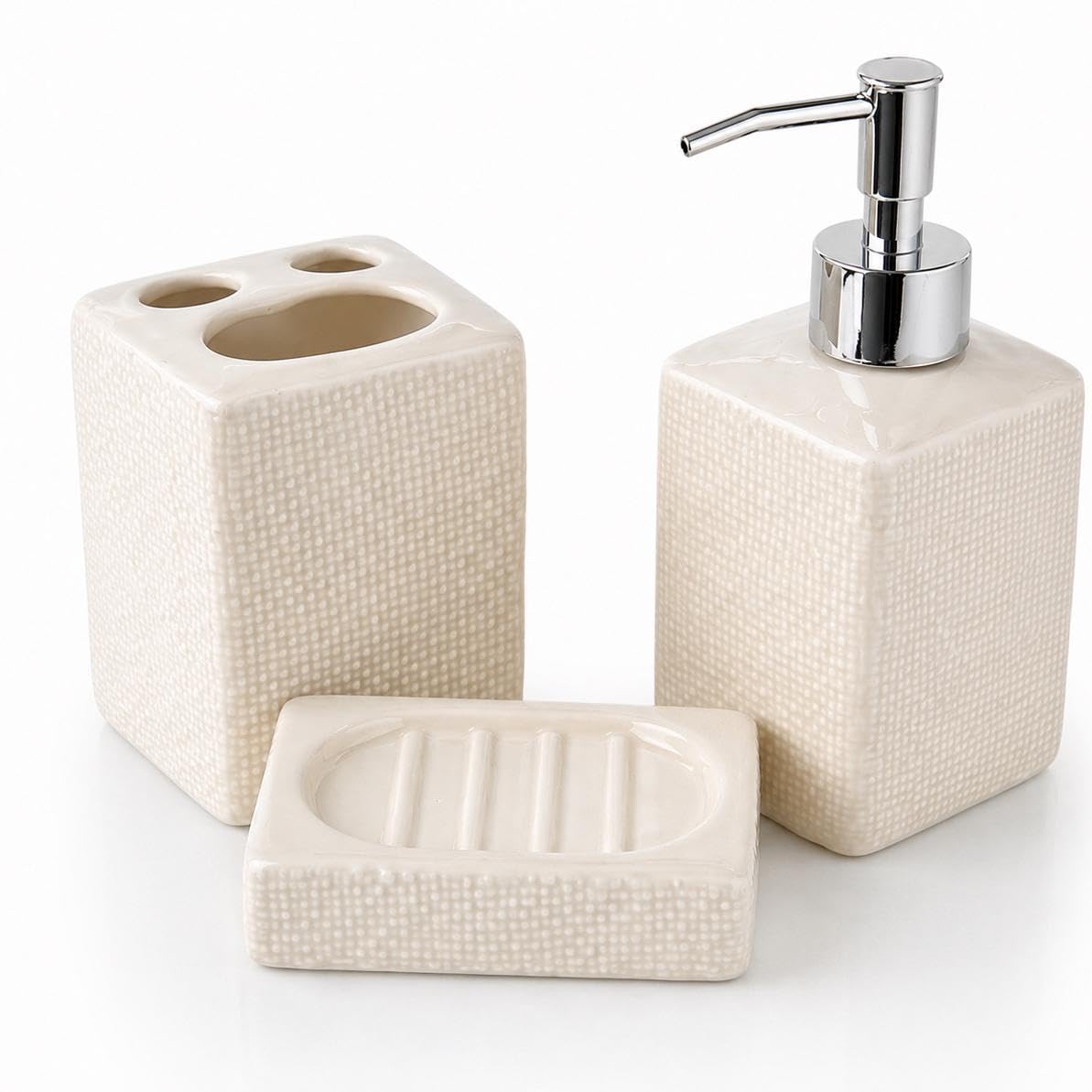 Set Bagno Accessori Completo 3 Pezzi in Ceramica, Set Bagno Porta Sapone e Spazzolini con Portasaponetta un Kit Completo Funzionale e Decorativo