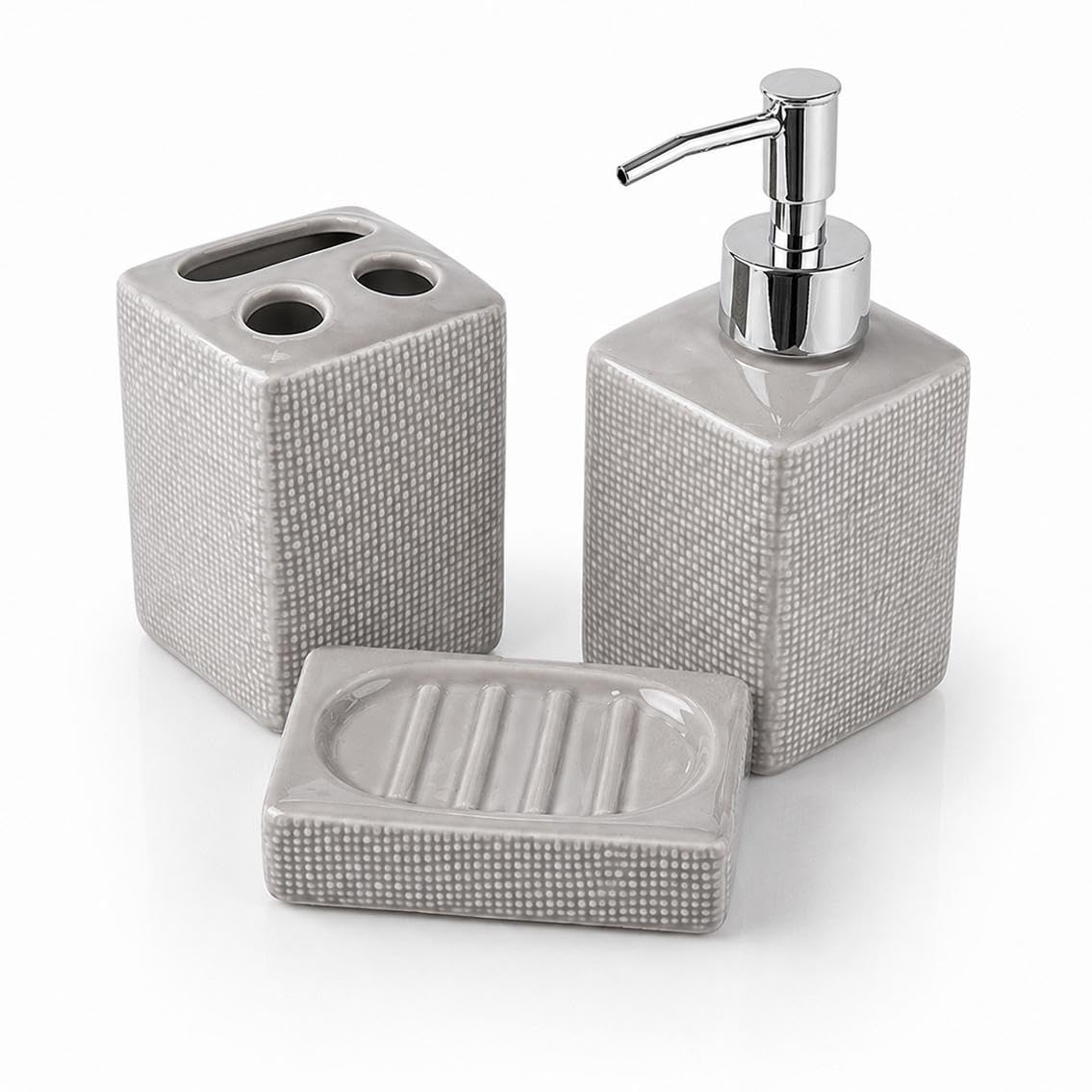 Set Bagno Accessori Completo 3 Pezzi in Ceramica, Set Bagno Porta Sapone e Spazzolini con Portasaponetta un Kit Completo Funzionale e Decorativo
