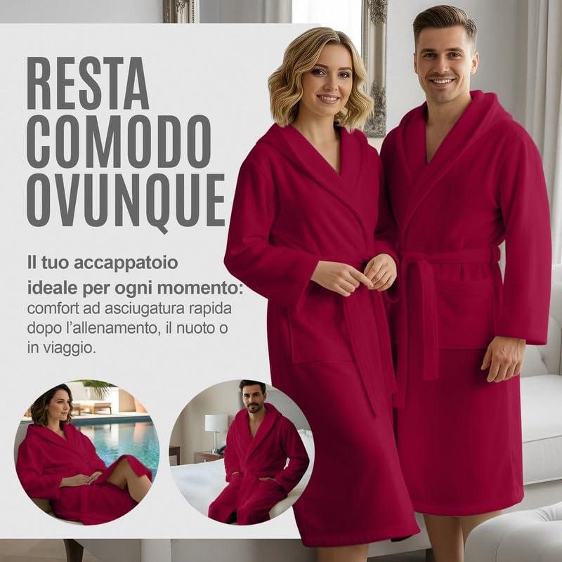 Accappatoio UNISEX Microfibra con Tasche Cappuccio e Cintura, Ideale per Casa, Viaggio, Palestra, Tessuto Morbido e Comodo, da S a XXL