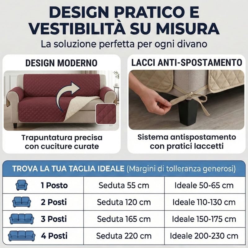 Copridivano con Braccioli Made in Italy, Copri Divano Reversibile Realizzato in Microfibra Lavabile Nota per la Resistenza all'Usura Quotidiana, Fissaggio con Laccetti