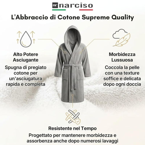 Accappatoio UNISEX con Cappuccio in Spugna Morbida di Cotone, Alto Potere Asciugante