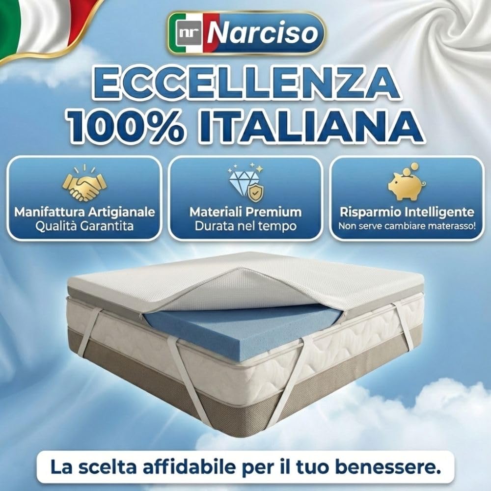 Topper per Materasso Memory Foam, Made in Italy, Lastra di Supporto Alta 5 cm, Dotato di Forti Elastici agli Angoli per Fissaggio Anti-Spostamento, Rivestimento Massaggiante