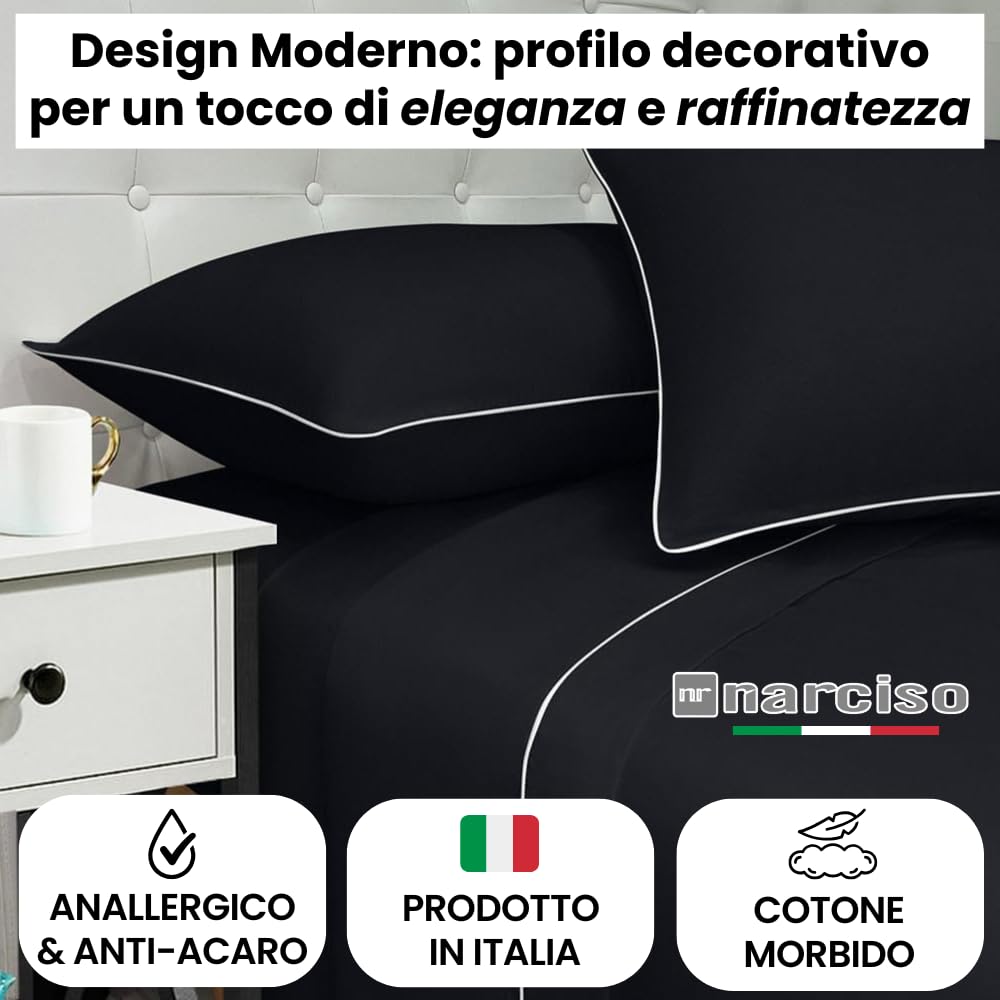 Lenzuola 100% Cotone Made in Italy con Profilo Decorativo, Fantasia Tinta Unita in Varie Colorazioni - 3 TAGLIE