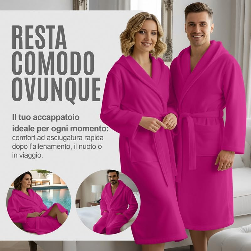 Accappatoio UNISEX Microfibra con Tasche Cappuccio e Cintura, Ideale per Casa, Viaggio, Palestra, Tessuto Morbido e Comodo, da S a XXL
