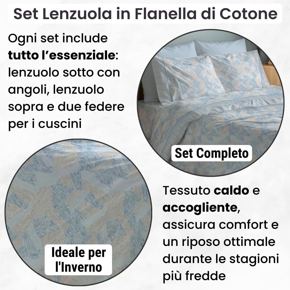 NARCISO Lenzuola di Flanella Made in Italy, Completo Lenzuola di Flanella in Cotone