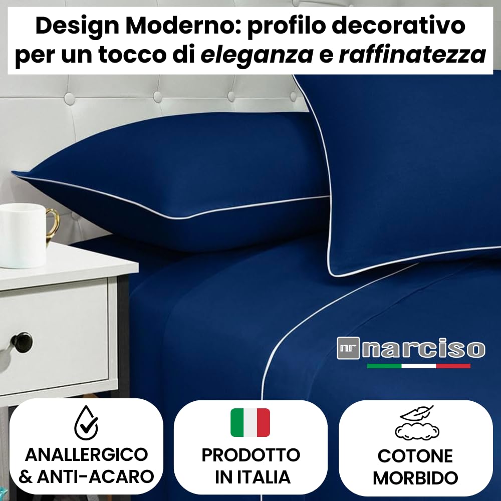 Lenzuola 100% Cotone Made in Italy con Profilo Decorativo, Fantasia Tinta Unita in Varie Colorazioni - 3 TAGLIE