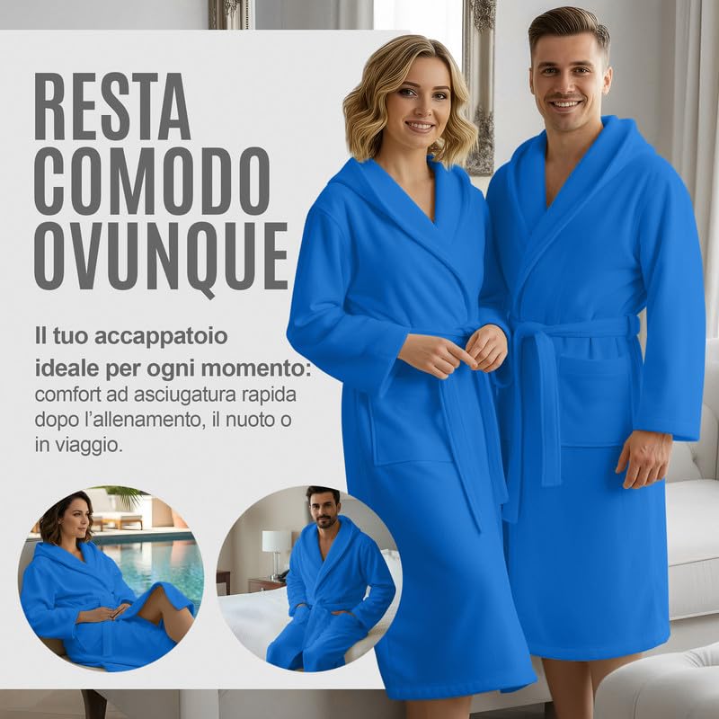 Accappatoio UNISEX Microfibra con Tasche Cappuccio e Cintura, Ideale per Casa, Viaggio, Palestra, Tessuto Morbido e Comodo, da S a XXL